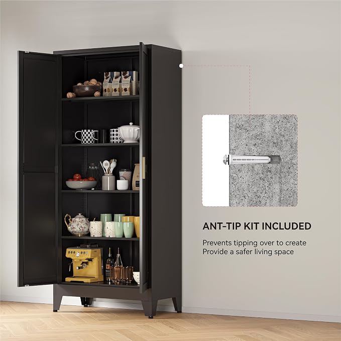 YAUWOH 71''Metal Cabinet with 4 Adjustable Shelves, 5-Tier Pantry Storage