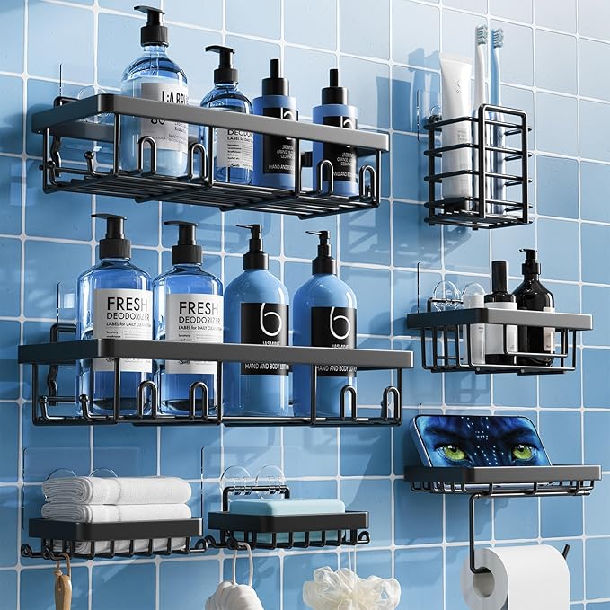 Shower Caddy 7 Pack, Adhesive Bathroom Shower Organizer for Bathroom Storage, No Drilling Large Capacity Rustproof Stainless Steel Shower Shelves Rack for Bath, Black