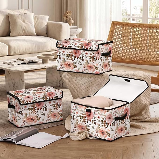 Stackable Storage Bins with Lids,Closet Organizers Fabric Box for Home and Office,Blanket Clothes Organizers,Under Bed Storage Containers 3 Pack