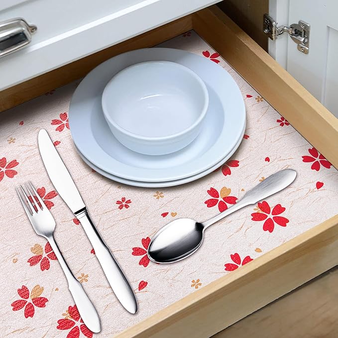 RAY STAR 18X96 Inch Shelf Liner for Kitchen Cabinets, Non-Adhesive Cabinet Liner Washable, PVC Drawer Liner for Dresser Non-Slip Bathroom (Red Floral)(1 Roll)