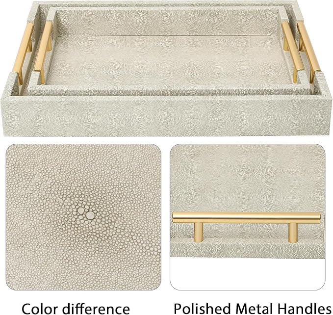 SwallowLiving Set of 2 Shagreen Serving Tray with Gold Polished Metal Handles Ivory Wood Decorative Tray PU Leather with Brushed Gold for Coffee Table Ottoman Console Table
