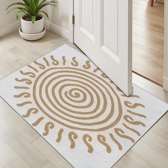 Boho Washable Rugs for Bedroom 6x8, Modern Sun Print Soft Minimalism Area Rug, Non Slip Low Pile Abstract Carpet for Classroom Living Room Decor Dining Room, Beige Yellow