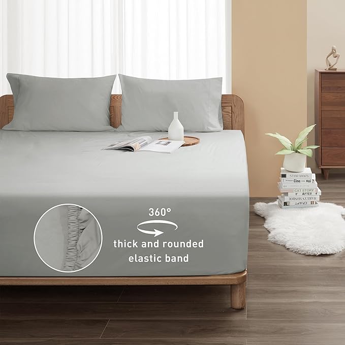 Sunflower Twin Fitted Sheet, 1-Piece Deep Pocket Fitted Bottom Sheet 15", 100% Cotton Sateen Soft Breathable, Silver Gray