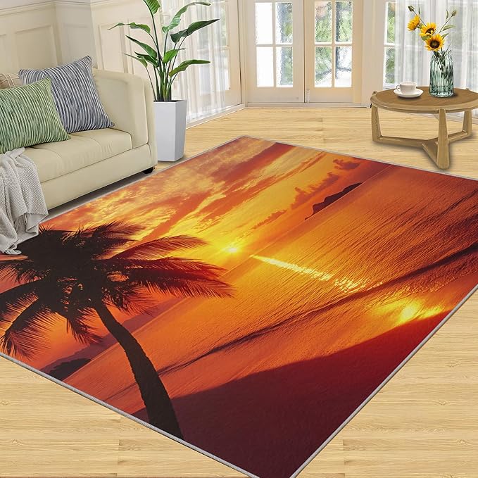 Coastal Rugs for Bedroom - 4x5 Area Rug - Ocean Beach Rugs for Living Room, Sunset Palm Trees Rug, Non-Slip Washable Home Decor Carpet