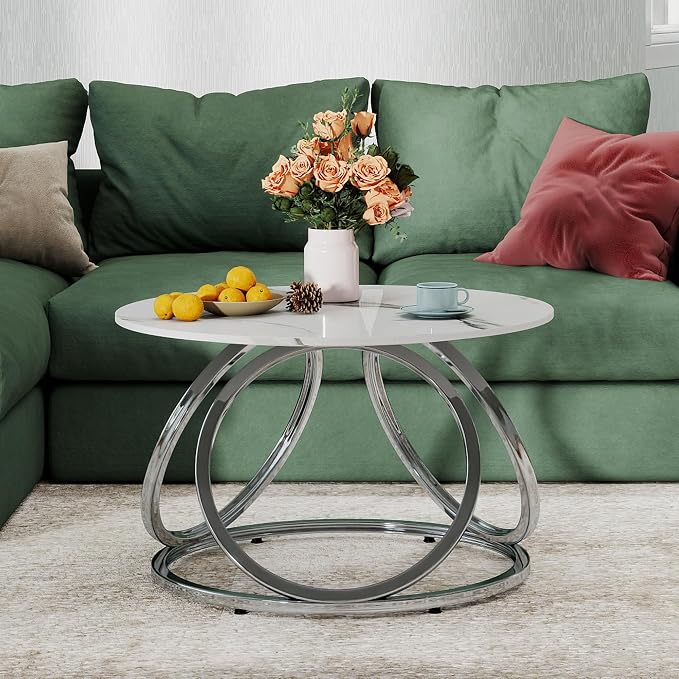 O&K FURNITURE Silver Coffee Table, Round Coffee Table Faux Marble Veins