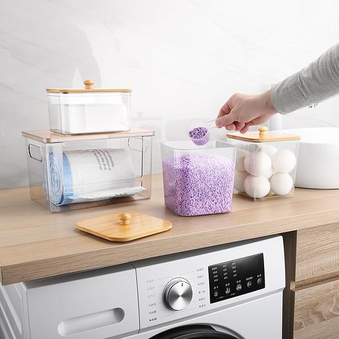 Extra Large Trash Bag Holder 4 Pack Garbage Bag Dispenser Roll Holder with Lid Laundry Room Organizer Under Sink Stackable Storage, Wall Mounted Laundry Dryer Sheet Holder Clear Pod Container