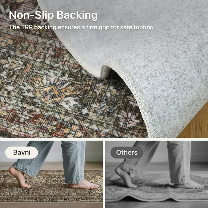 Bavni Washable Entry Rug 2x3, Non Slip Door Mat for Entryway or Kitchen, Vintage Print Low Pile Ultra Thin Indoor Rug, Brown