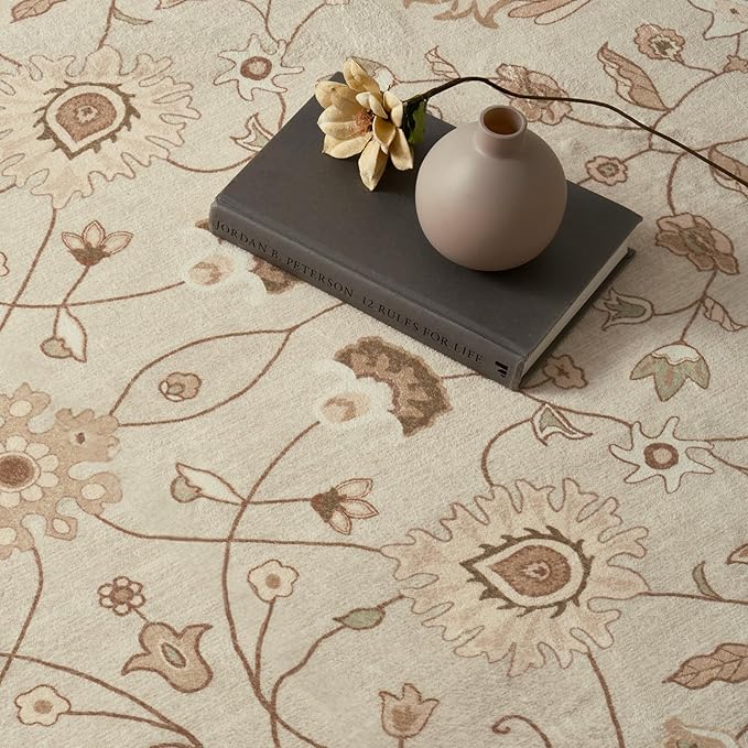EVERGRACE Area Rugs for Living Room 5x7, Boho Floral Faux Wool Indoor Outdoor Rugs, Washable Rugs for Bedroom Dining Room Entryway Kitchen, Low Pile Floor Mat Carpet for Home Decor, Natural Beige