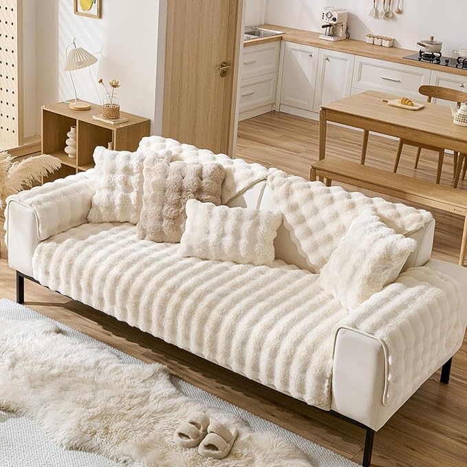 Faux Fur Couch Cover Fuzzy Soft Plush Thick Bubble Sofa Cover Luxury Sectional Couch Covers Luxury Anti-Slip Sofa Slipcover Washable Furniture Protector (Ivory,28"x82")