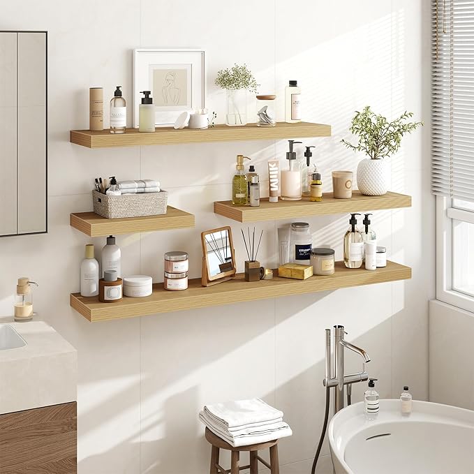 Acovy 16 Inch Floating Shelves, 3D Textured Wood Grain, Wooden Shelves