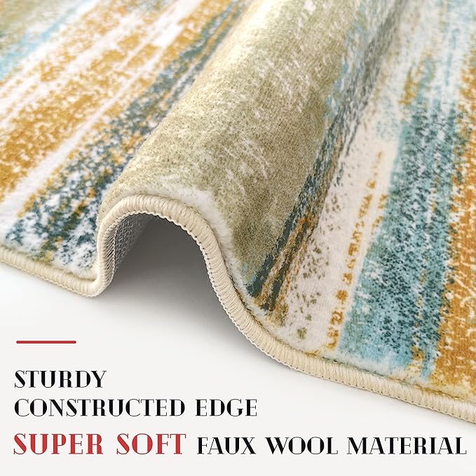 Modern Abstract Runner Rug 2.6x14, Green Mustard Multi Washable Long Kitchen Runner Non-Slip Soft Hallway Rug Runner Thin Print Faux Wool Carpet for Entryway Bedroom Laundry Room Indoor