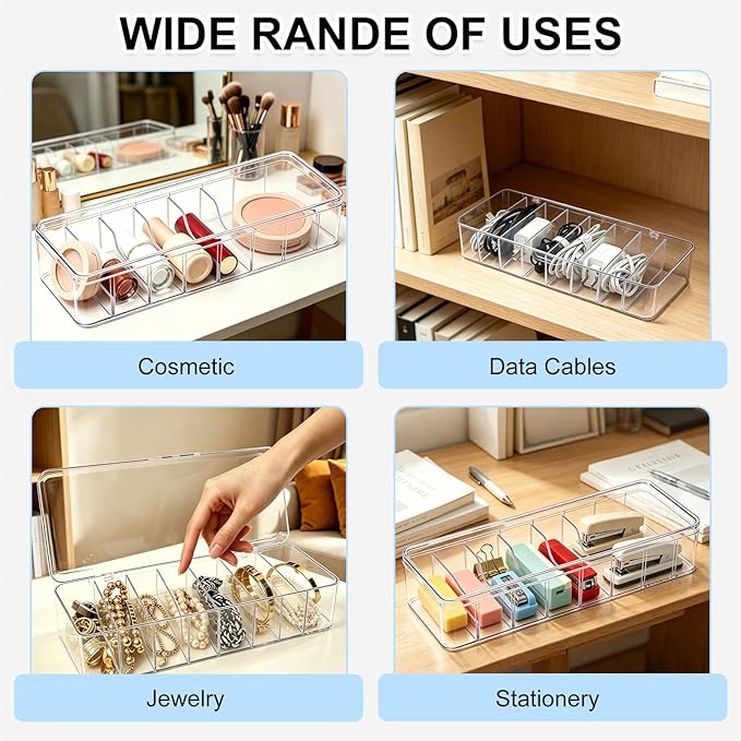 Cheardia 4 Pack Cable Organizer Box with Wire Ties, 2 Style Plastic Cord Storage Box, 10 In Adjustable Clear Charger Organizer with Lid for Electronics Office Home Desk Accessories