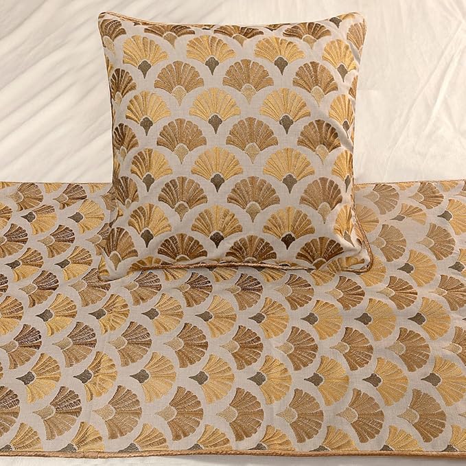 The HomeCentric King Queen Twin Beige & Yellow Gold Handmade CA King 86"x18" Bed Runner with 2 Pillow Cover, Floral Embroidery Bed Scarf on Cotton Embroidery Fabric - Autumn Bloom