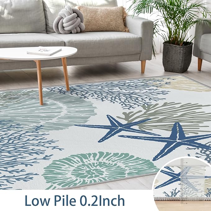 Tritard Coastal Area Rugs Nautical Beach Themed Non-Slip Machine Washable Rugs Modern Floor Carpet for Living Room Bedroom, 4x6, Blue
