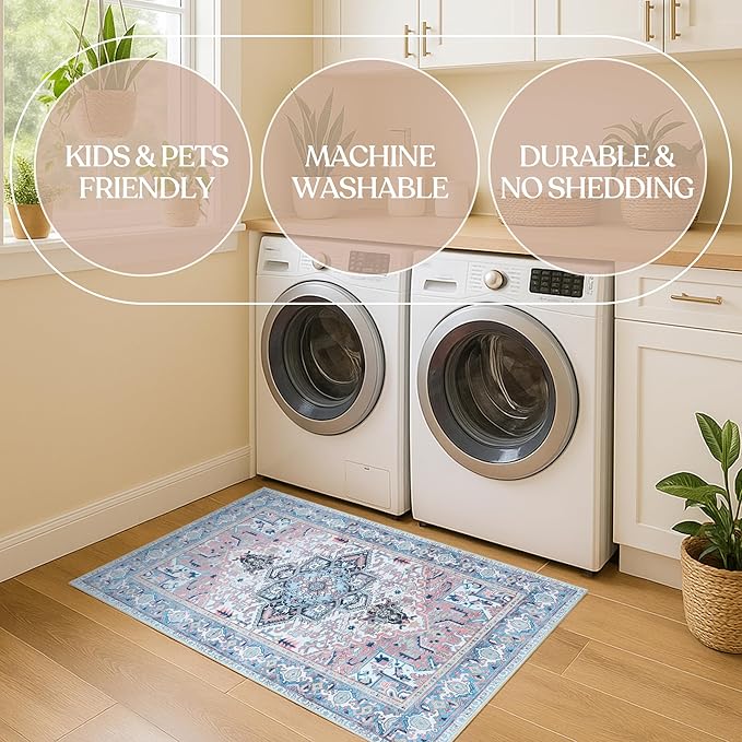 Washable Area Rug. Modern Farmhouse. Vintage. Turkish. Bohemian. Distressed. Oriental. Traditional. Rugs for Living Room. Dining. Bedroom. Office. Entryway. Foyer. (861NT, 2'5" x 13')