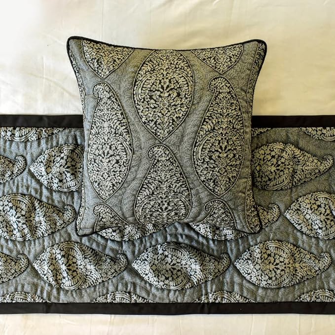 The HomeCentric King/Queen/Twin Grey Decorative Full 68"x18" Bed Runner with 2 Pillow Cover, Paisley & Beaded Bed Scarf on Jacquard Fabric - Paisley History