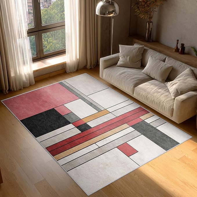 7x9 Abstract Geometric Rugs for Bedroom Decor, Washable Black White Red Geometry Pattern Area Rug, Living Room Home Decoration, Non Slip Soft Thin, Minimalist Modern Decor Carpet PF-P 49