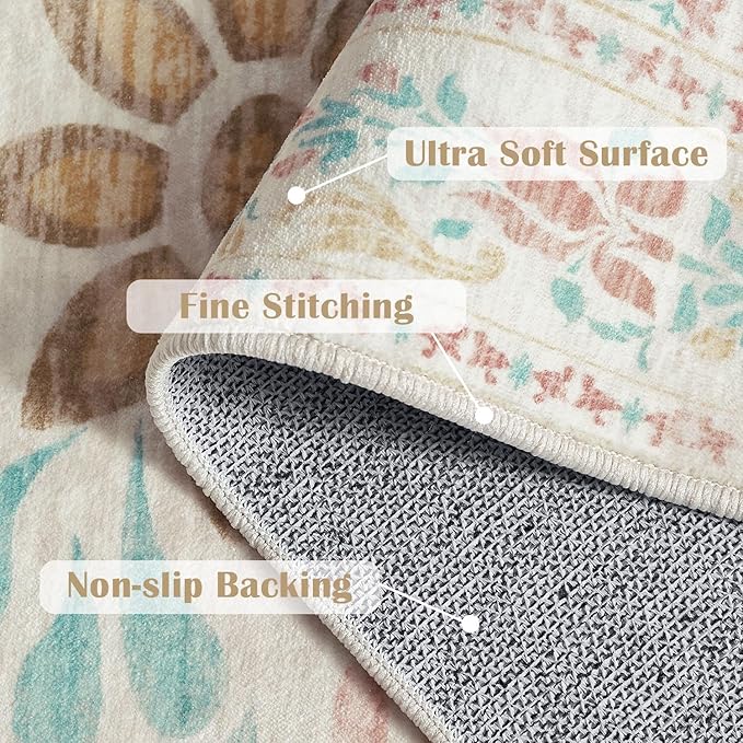 jinchan Vintage Floral 8x10 Area Rugs for Living Room - Machine Washable Distressed Design Soft Throw Rug Thin Non-Slip Large Carpet for Bedroom Nursery Dining Room Home Office(8x10ft,Apricot)