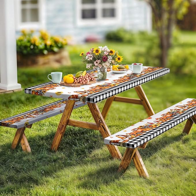 Fall Picnic Table Cover with Bench Covers, Camping Essentials, Buffalo Plaid Thanksgiving Pumpkin Waterproof Windproof, Fitted Tablecloth Cover with Elastic Edge, Indoor & Outdoor, 3 PCS, 30x96 Inch
