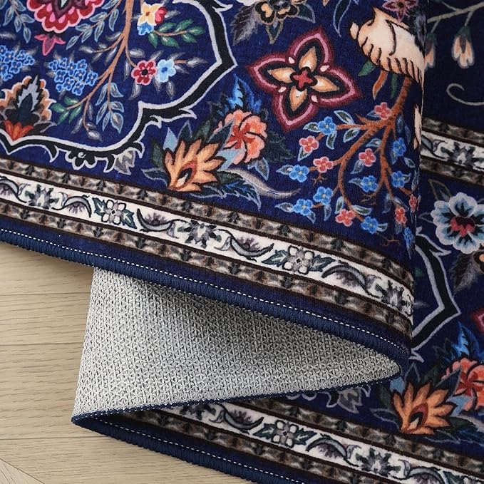 Rugcomf 3x5 Rug Vibrant Tree of Life-Patterned Vintage Non Slip Low Pile Small Carpet for Bedroom Bedside Kitchen Entryway Kids Room Office College Dorm Essentials for Girls, Blue