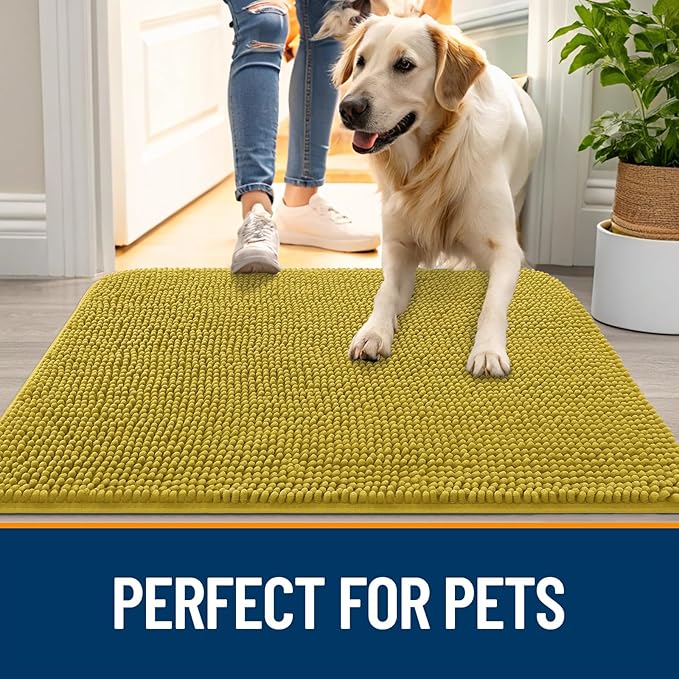 OLANLY Dog Door Mat for Muddy Paws 36x24, Absorbs Moisture and Dirt, Absorbent Non-Slip Washable Doormat, Quick Dry Chenille Mud Mat, Entry Indoor Entryway Carpet for Inside Floor, Mustard Yellow