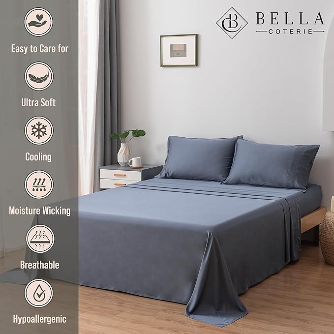 Bella Coterie Luxury Bamboo Viscose King Size Sheet Set | 100% Organically Grown | Ultra Soft | Cooling for Hot Sleepers | 18" Deep Pocket [Slate Blue]