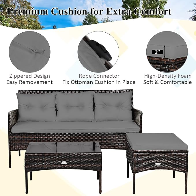 Tangkula 3 Pieces Patio Conversation Set, All Weather Outdoor PE Rattan Wicker