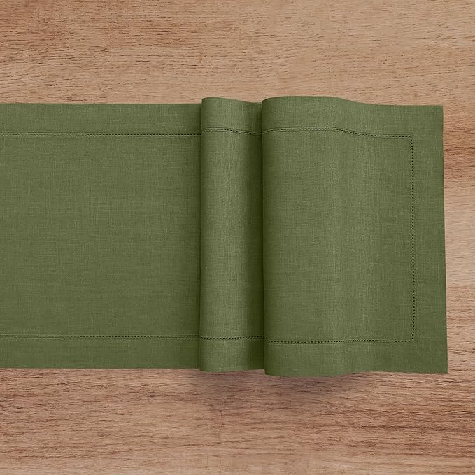 Solino Home Linen Olive Table Runner 144 Inches Long - 100% Pure Linen Extra Long Table Runner 14 x 144 Inch for Christmas, New Year - Classic Hemstitch