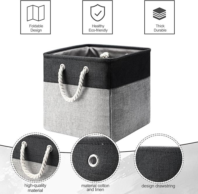 meekoo 8 Pack Collapsible Storage Bins Fabric Storage Bins Polyester Fabric Baskets with Handles Linen Closet Organizer for Shelf Home Closet Towels Toys(12 x 12 x 12in,Black Gray)