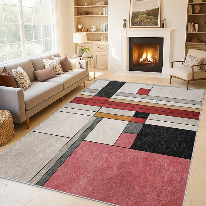 5x7 Abstract Geometric Rugs for Bedroom Decor, Washable Black White Red Geometry Pattern Area Rug, Living Room Home Decoration, Non Slip Soft Thin, Minimalist Modern Decor Carpet PF-P 49