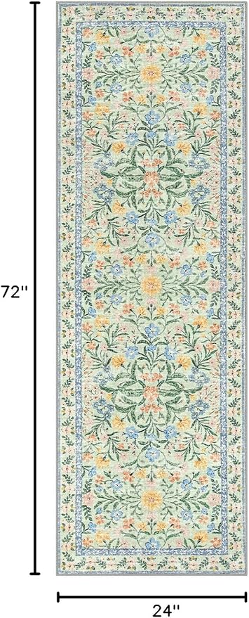 Morebes Washable Kitchen Runner Rug 2x6, Green Boho Floral Hallway Rug Runner Non Slip,Vintage Flower Soft Ultra-Thin Indoor Throw Carpet for Entryway Bathroom Laundry Room