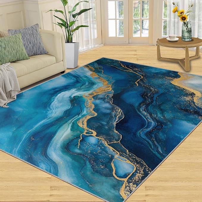 Blue Gold Marble Rugs for Bedroom - 4x6 Area Rug - Modern Fashion Marble Rugs for Living Room, European Light Luxury Art Rug, Washable Home Decor Carpet
