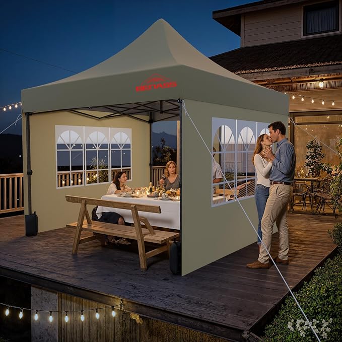 10x10 Heavy Duty Pop Up Canopy with 4 Sidewalls, 550D Commercial Easy Up Canopy Tent, Waterproof Outdoor Party Event Tent with Roller Bag, Khaki