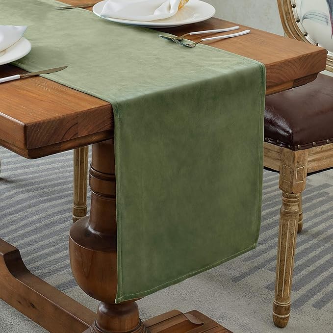 BALCONY & FALCON Velvet Table Runner 14"x118" Olive Luxury Machine Washable Farmhouse Vintage Runner for Table Dining, Party, Wedding, Birthday, Easter, Thanksgiving & Christmas & Home Décor