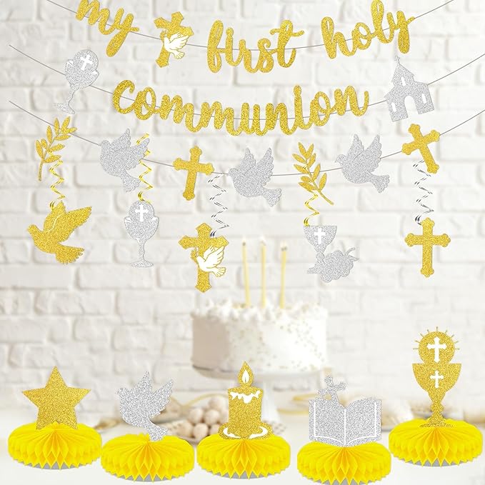 14PCS First Holy Communion Party Decorations My First Holy Communion Banners Hanging Swirls Glitter God Bless Cross Honeycomb Centerpieces For Christening Baptism Baby Shower Birthday Party Supplies