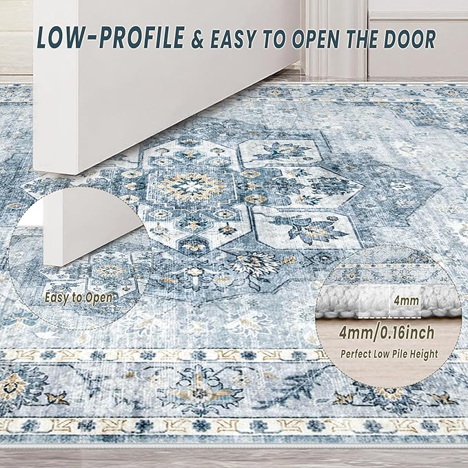 8x10 Area Rugs Washable Rugs for Living Room, Large Vintage Boho Rug Non-Slip Soft Floral Distressed Rug Low Pile Stain Resistant Carpet for Bedroom Nursery Office Dining Room Farmhouse(Blue, 8'x10')