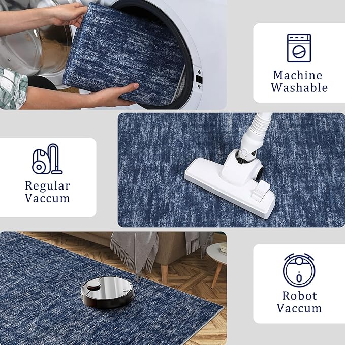 RUGSREAL Solid Runner Rug 2x6 Modern Hallway Runner Mat Machine Washable Ktichen Rug 2x6 Long Hallway Modern Indoor Throw Carpet for Bedside Living Room Bedroom Laundry, 2' x 6' Blue