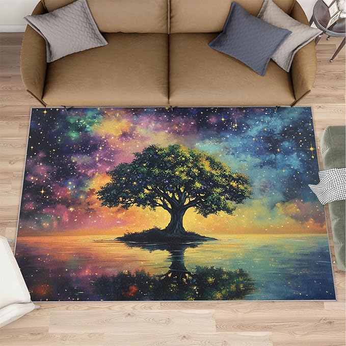 4x6 Tree of Life Cafe Rug - Galaxy Tree Rugs for Bedroom Aesthetic, Dreamlike Starry Sky Soft Comfortable Non-Slip for Offie Bedroom Study Boy Girl Room Hotel Dorm