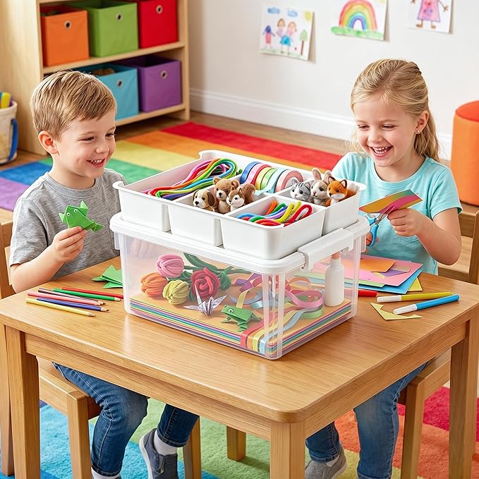 Citylife Toy Storage Box, 17 QT Building Brick Organizer with Buildable Baseplate Lid and Removable Trays, Kids Block Organizer for Playroom and Art Supplies, 2 Pack