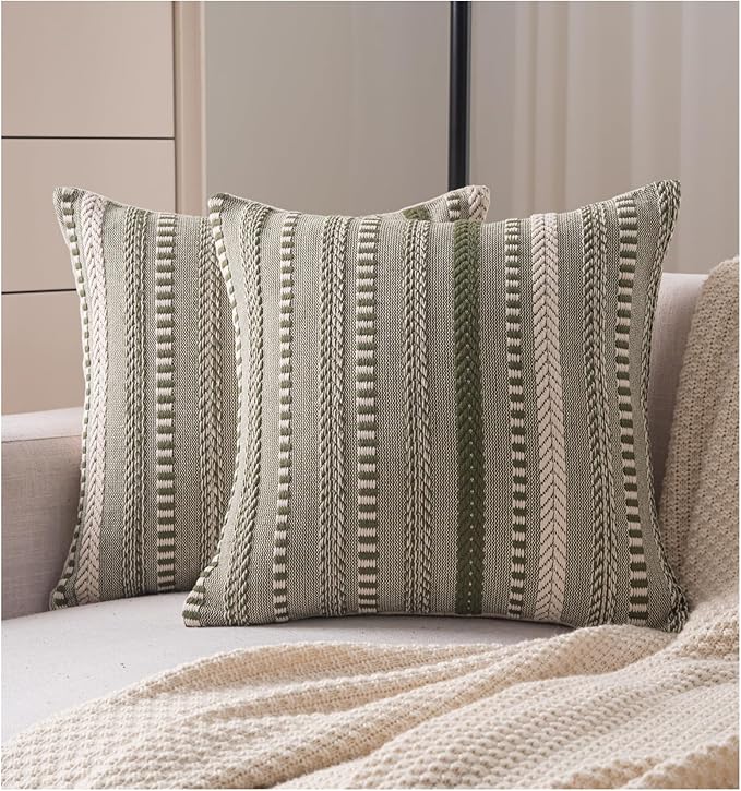 Boho Throw Pillow Covers 22x22 Inch Set of 2, Farmhouse Decorative Couch Pillow Cases, Green Accent Pillows of Bed, Sofa Bedroom Living Room Home Decor Cushion Cover