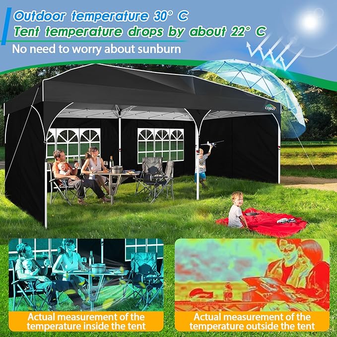 COBIZI 10x20 Pop up Canopy Tent with 4 Sidewalls Outdoor Canopy Tent for Party with Push Center Lock & Air Vent, 2000mm+Waterproof Gazebo Canopy UPF 50+with 4 Sandbags,12 Stakes & 6 Ropes,Black