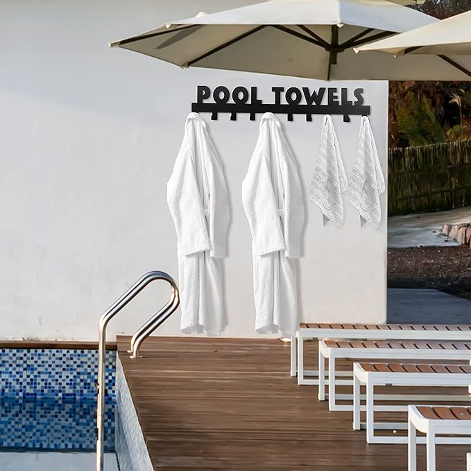 Pool Towel Rack Large Size 10 Hooks for Bathroom Wall Mount Towel Hooks Towel Holder Carbon Steel Hanger Organizer Indoor Outdoor for Robe, Towel, Coat, Swimsuit, Umbrella, Bag, Keys(Black