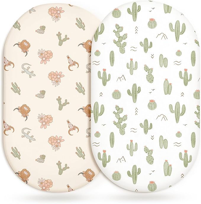 Bassinet Sheets for Baby Girls Boys 2 Pack, Fitted Baby Mattress Sheet for Rectangle, Oval, Hourglass Bassinet Mattress, Breathable Cozy & Universal Fit (Cactus Cozy)