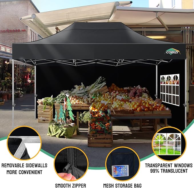 COBIZI 10x15 Heavy Duty Pop Up Canopy Tent with 4 Sidewalls Thicken Frame, Commercial Easy Up Outdoor Wedding Party Tents, All Season Waterproof Windproof with Stakes Sandbags Ropes Bag, Black