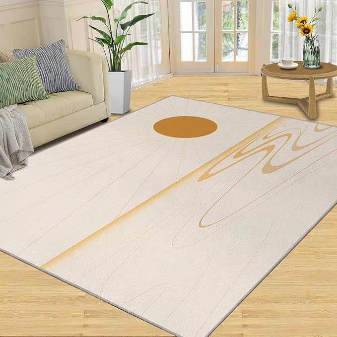 Boho Sun Area Rugs 8x10ft, Minimalist Sunburst Area Rug for Living Room, Geometric Solar Modern Rug with Double Sided Carpet Tape for Bedroom Men Room Decor
