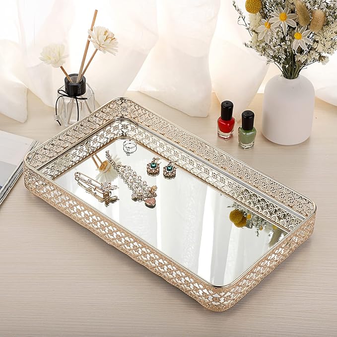 ELLDOO Gold Perfume & Makeup Vanity Tray - Hollow-Carved Jewelry Storage, Glass & Metal Trinket Organizer for Dresser & Bathroom Countertop, Large Size