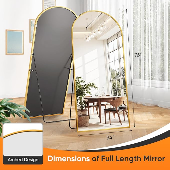 Suidia Full Length Mirror, 76"x34" Floor Standing Mirror Freestanding, Full Body Mirrors with Stand for Bedroom, Hanging Mounted for Living Room Cloakroom, Gold, Arched Style