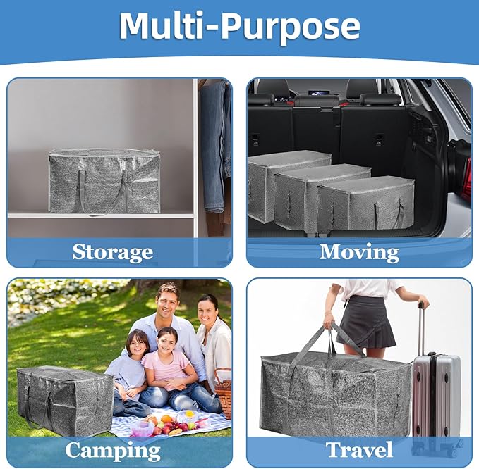 12 Pack-Extra Large Heavy Duty Moving Bags - Waterproof Storage Totes with Handles & Zippers, Foldable for College Dorm, Storage (Gray)