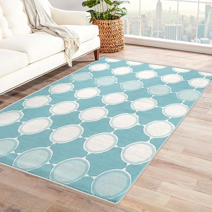 Aqua and White Rug, 3x4 Rug, Blue Rugs for Living Room Bedroom, Geometric Small Area Rug, Washable Rug Non Slip Soft Indoor Carpet, Kids and Pets Friendly, Aqua and White Home & Room Decor