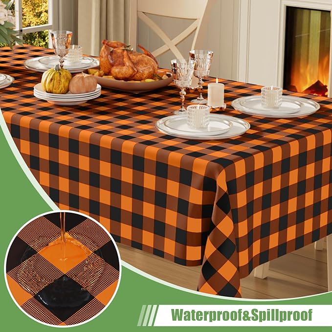 Smiry 6 Pack Gingham Disposable Table Cloth, 54 x 108 Inch Waterproof Plastic Tablecloth, Rectangle Black and Orange Checkered Table Covers for Picnic, Birthday, Party
